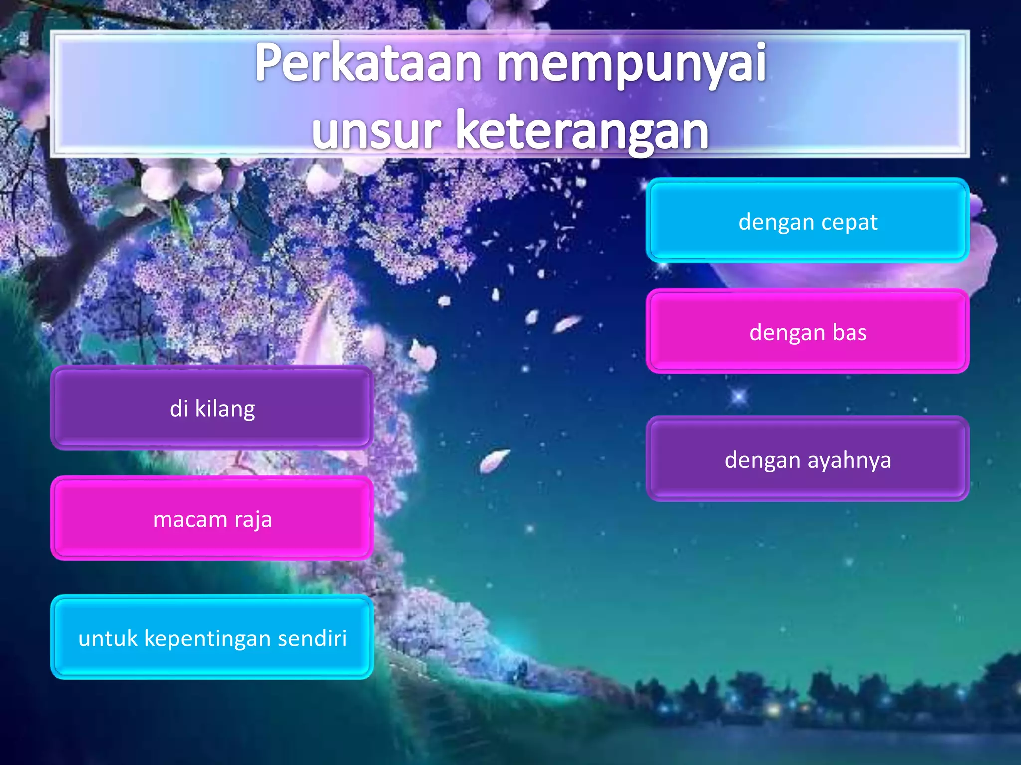 dengan cepat



                              dengan bas

        di kilang

                            dengan ayahnya

      macam raja



untuk kepentingan sendiri
 