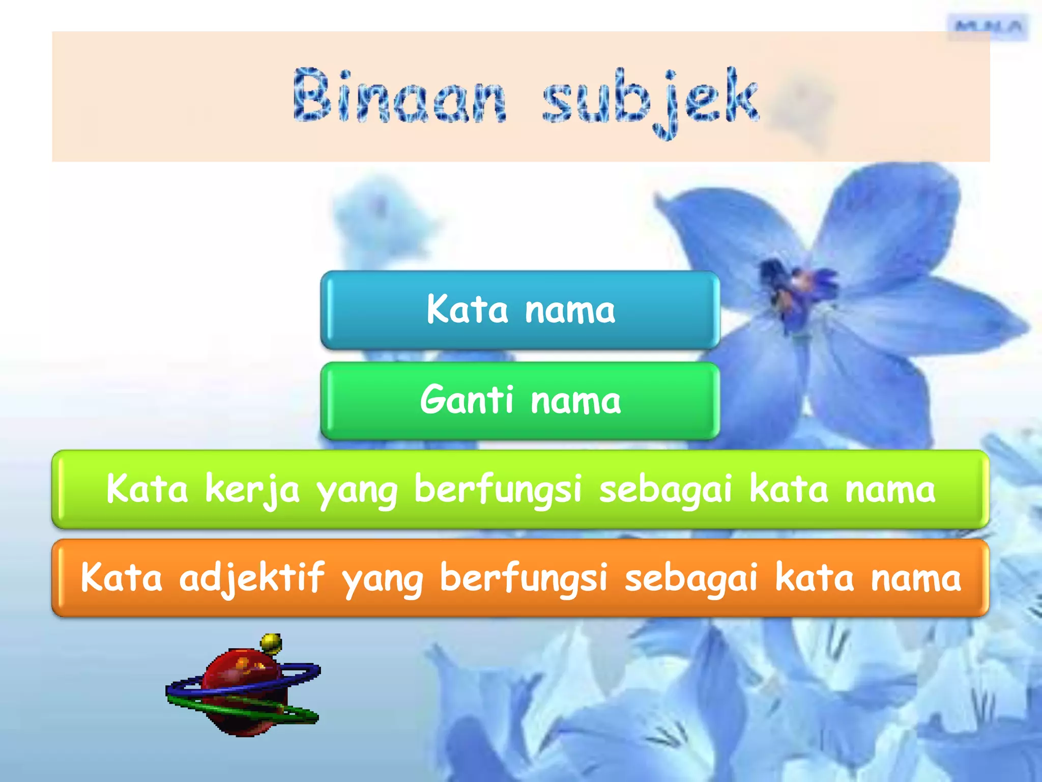Kata nama

                 Ganti nama

 Kata kerja yang berfungsi sebagai kata nama

Kata adjektif yang berfungsi sebagai kata nama
 
