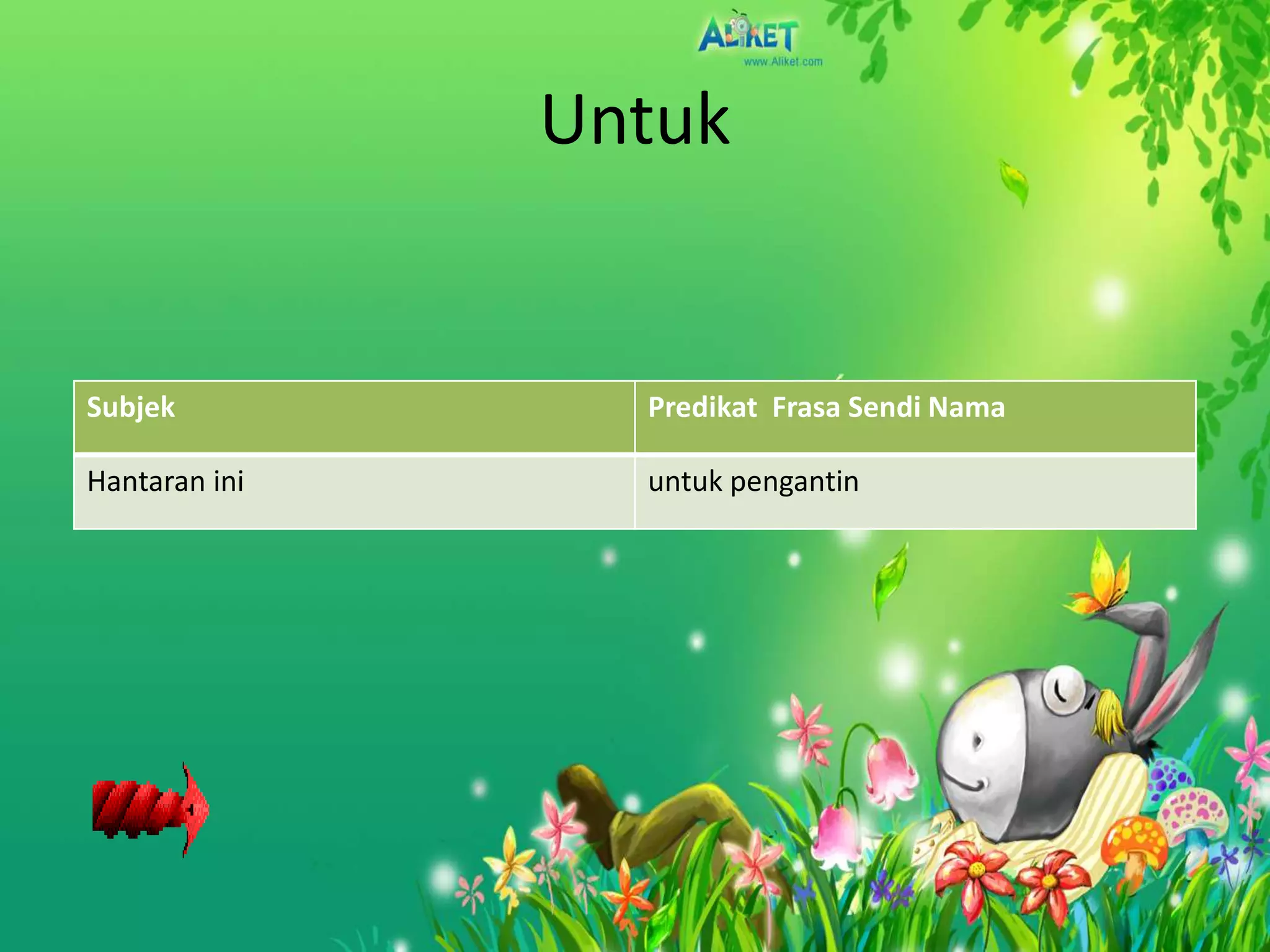 Untuk


Subjek           Predikat Frasa Sendi Nama

Hantaran ini     untuk pengantin
 