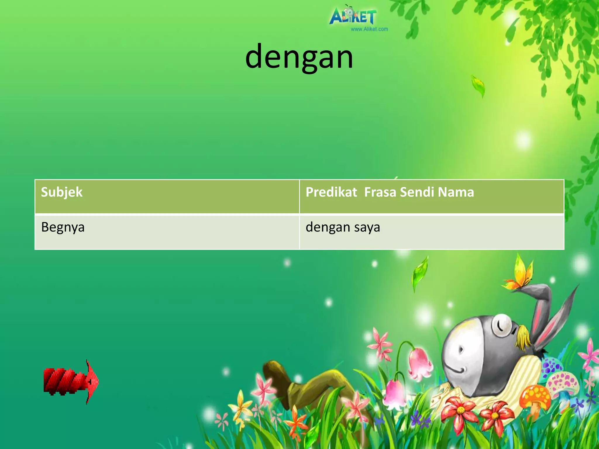 dengan


Subjek      Predikat Frasa Sendi Nama

Begnya      dengan saya
 