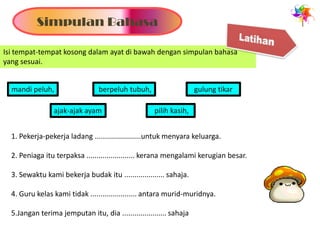 Simpulan Bahasa

Isi tempat-tempat kosong dalam ayat di bawah dengan simpulan bahasa
yang sesuai.


  mandi peluh,                   berpeluh tubuh,                    gulung tikar

                 ajak-ajak ayam                     pilih kasih,


  1. Pekerja-pekerja ladang .......................untuk menyara keluarga.

  2. Peniaga itu terpaksa ........................ kerana mengalami kerugian besar.

  3. Sewaktu kami bekerja budak itu .................... sahaja.

  4. Guru kelas kami tidak ....................... antara murid-muridnya.

  5.Jangan terima jemputan itu, dia ...................... sahaja
 