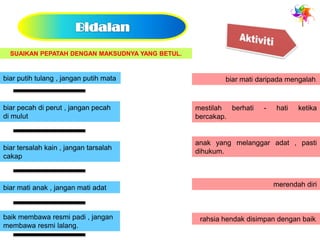 SUAIKAN PEPATAH DENGAN MAKSUDNYA YANG BETUL.


biar putih tulang , jangan putih mata                    biar mati daripada mengalah.


biar pecah di perut , jangan pecah               mestilah berhati    -   hati   ketika
di mulut                                         bercakap.


                                                 anak yang melanggar adat , pasti
biar tersalah kain , jangan tarsalah
                                                 dihukum.
cakap



biar mati anak , jangan mati adat                                        merendah diri



baik membawa resmi padi , jangan                  rahsia hendak disimpan dengan baik.
membawa resmi lalang.
 