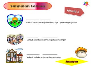 Simpulan Bahasa


      _____________ ___________
      Maksud: berasa senang atau mempunyai      perasaan yang sabar




       ___________        _______________
       Maksud: ketentuan terakhir / keputusan rundingan




       _____________      _______________
       Maksud: kerja keras dengan bermati-matian
 