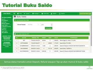 *. Copyright by Loketnesia 2015*. Copyright by Loketnesia 2015
Tutorial Buku Saldo
Semua status transaksi untuk Deposit, Refund ataupun Top up akan muncul di buku saldo
 