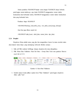 11
11
Aturan penulisan HLOOKUP hampir sama dengan VLOOKUP, hanya berbeda
pada bagian nomor-indeksnya saja, kalau VLOOKUP menggunakan nomor indeks
berdasarkan data berbentuk kolom, HLOOKUP menggunakan nomor indeks berdasarkan
data yang berbentuk baris..
Penulisan fungsi HLOOKUP
=HLOOKUP(lookup_value,table_array, row_index_num,[range_lookup])
Atau bisa juga dibaca seperti ini:
=HLOOKUP (nilai_kunci, tabel_data, nomor_baris, tipe_data)
2.2.4 Droplist
Dropdown Menu adalah menu yang jika kita mengarahkan kursor ke menu tersebut maka
akan muncul menu lainya yang memanjang kebawah. Berikut caranya :
1. Klik cell Pilih (seleksi) Sel/Range dimana dropdown list akan ditampilkan.
2. Pilih Menu Data Validation Pada Tab Data -- Group Data Tools atau gunakan Shorcut
excel Alt+A+V+V.
Gambar 4.1 Ikon Data Validation
3. Setelah muncul kotak pilihan (option box) "Data Validation" pada bagian dropdown
Allow: pilih "List".
 
