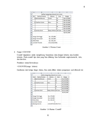 6
6
Gambar 1.5 Rumus Count
 Fungsi COUNTIF
Countif digunakan untuk menghitung banyaknya data dengan kriteria atau kondisi
tertentu. Pada countif tipe data yang bisa dihitung bisa berbentuk angka/numerik, teks,
dan lain-lain.
Penulisan rumus/formulanya
=COUNTIF(range: kritera)
Gambaran dari ketiga fungsi diatas, bisa anda dilihat dalam pengerjaan soal dibawah ini:
Gambar 1.6 Rumus CountIF
 
