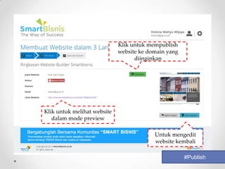 Klik untuk mempublish
                             website ke domain yang
                                   diinginkan




Klik untuk melihat website
   dalam mode preview

                                          Untuk mengedit
                                          website kembali

                                                      #Publish
 