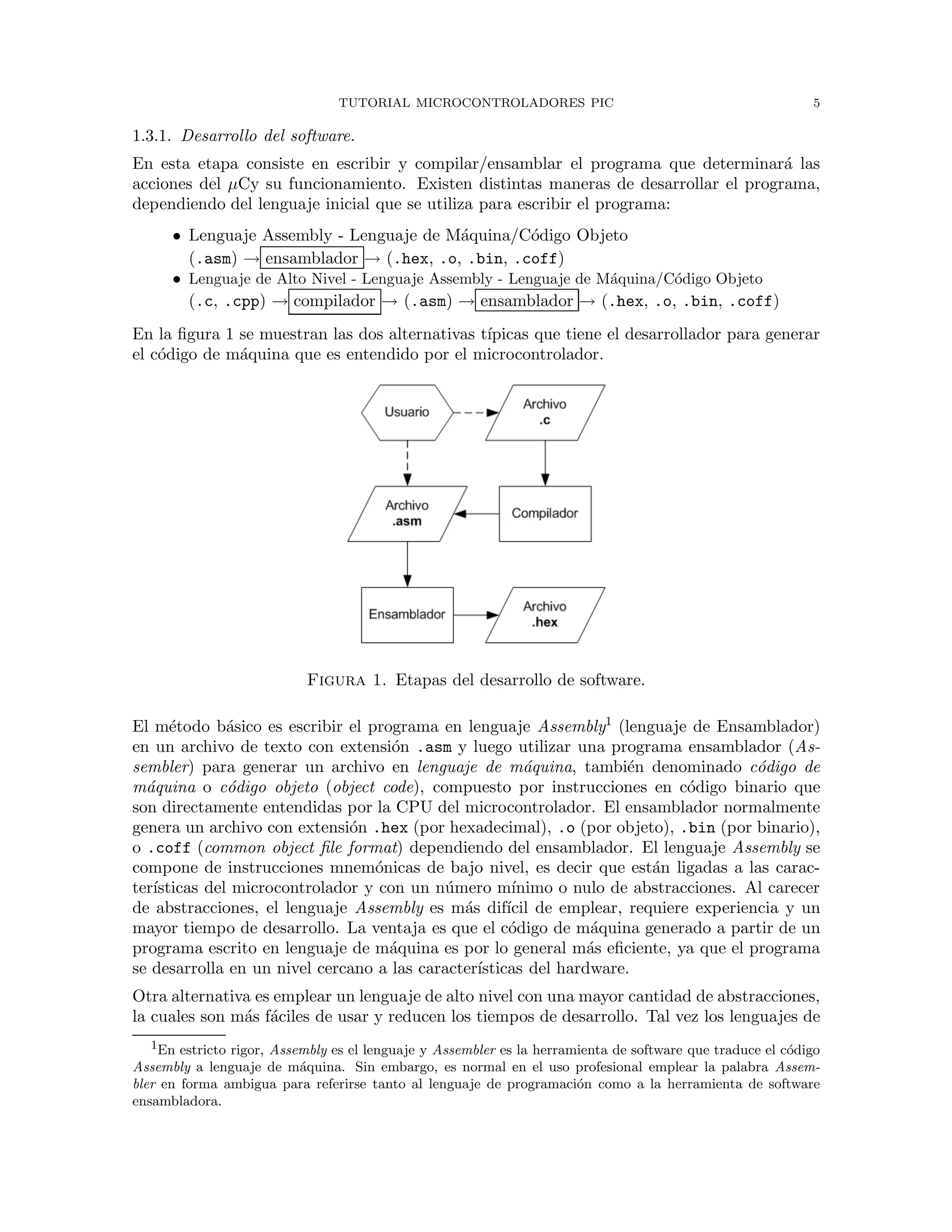 TUTORIAL MICROCONTROLADORES PIC 5
1.3.1. Desarrollo del software.
En esta etapa consiste en escribir y compilar/ensamblar el programa que determinar´a las
acciones del µCy su funcionamiento. Existen distintas maneras de desarrollar el programa,
dependiendo del lenguaje inicial que se utiliza para escribir el programa:
• Lenguaje Assembly - Lenguaje de M´aquina/C´odigo Objeto
(.asm) → ensamblador → (.hex, .o, .bin, .coff)
• Lenguaje de Alto Nivel - Lenguaje Assembly - Lenguaje de M´aquina/C´odigo Objeto
(.c, .cpp) → compilador → (.asm) → ensamblador → (.hex, .o, .bin, .coff)
En la ﬁgura 1 se muestran las dos alternativas t´ıpicas que tiene el desarrollador para generar
el c´odigo de m´aquina que es entendido por el microcontrolador.
Figura 1. Etapas del desarrollo de software.
El m´etodo b´asico es escribir el programa en lenguaje Assembly1
(lenguaje de Ensamblador)
en un archivo de texto con extensi´on .asm y luego utilizar una programa ensamblador (As-
sembler) para generar un archivo en lenguaje de m´aquina, tambi´en denominado c´odigo de
m´aquina o c´odigo objeto (object code), compuesto por instrucciones en c´odigo binario que
son directamente entendidas por la CPU del microcontrolador. El ensamblador normalmente
genera un archivo con extensi´on .hex (por hexadecimal), .o (por objeto), .bin (por binario),
o .coff (common object ﬁle format) dependiendo del ensamblador. El lenguaje Assembly se
compone de instrucciones mnem´onicas de bajo nivel, es decir que est´an ligadas a las carac-
ter´ısticas del microcontrolador y con un n´umero m´ınimo o nulo de abstracciones. Al carecer
de abstracciones, el lenguaje Assembly es m´as dif´ıcil de emplear, requiere experiencia y un
mayor tiempo de desarrollo. La ventaja es que el c´odigo de m´aquina generado a partir de un
programa escrito en lenguaje de m´aquina es por lo general m´as eﬁciente, ya que el programa
se desarrolla en un nivel cercano a las caracter´ısticas del hardware.
Otra alternativa es emplear un lenguaje de alto nivel con una mayor cantidad de abstracciones,
la cuales son m´as f´aciles de usar y reducen los tiempos de desarrollo. Tal vez los lenguajes de
1En estricto rigor, Assembly es el lenguaje y Assembler es la herramienta de software que traduce el c´odigo
Assembly a lenguaje de m´aquina. Sin embargo, es normal en el uso profesional emplear la palabra Assem-
bler en forma ambigua para referirse tanto al lenguaje de programaci´on como a la herramienta de software
ensambladora.
 
