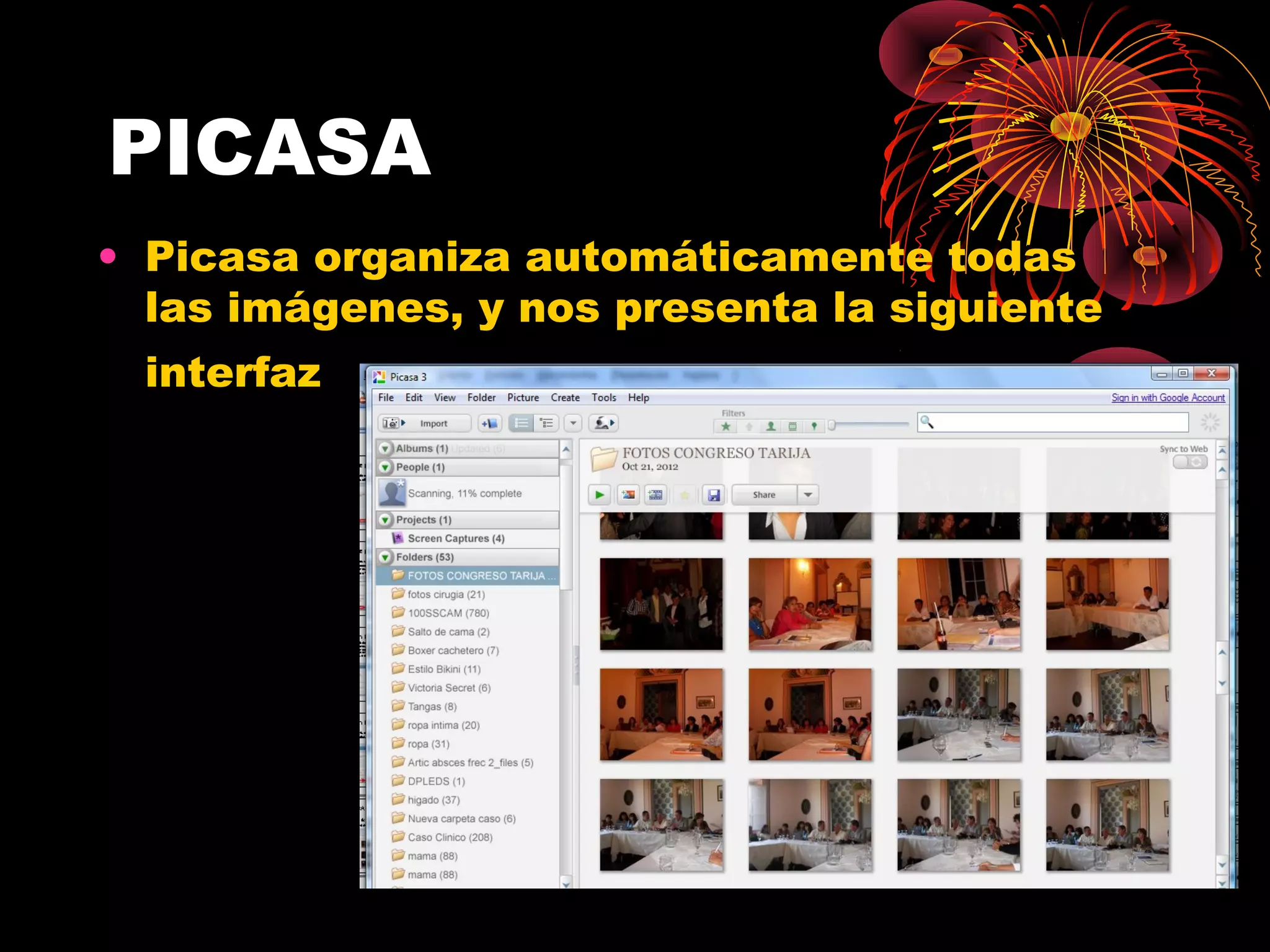 PICASA
• Picasa organiza automáticamente todas
  las imágenes, y nos presenta la siguiente
  interfaz
 
