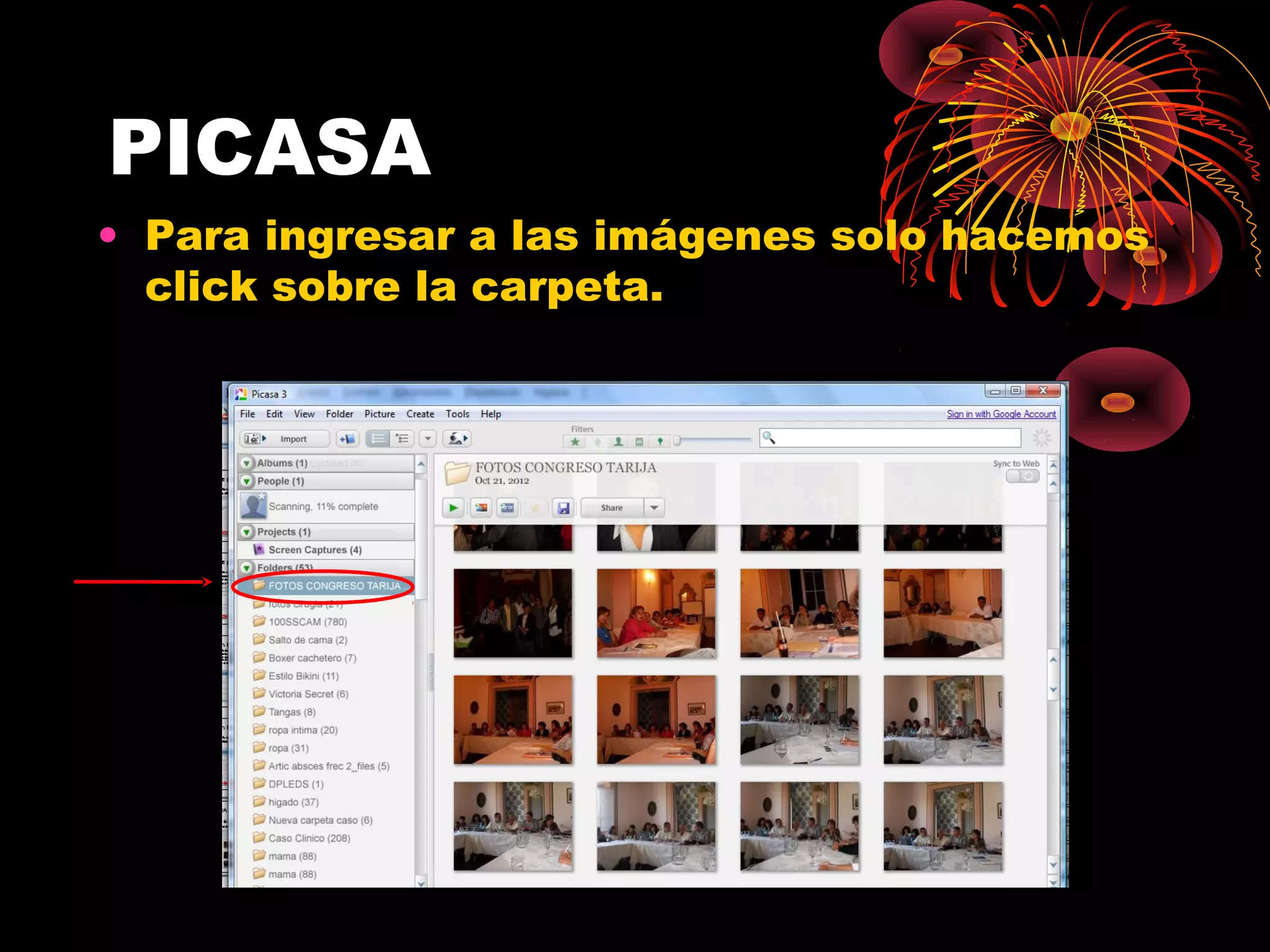 PICASA
• Para ingresar a las imágenes solo hacemos
  click sobre la carpeta.
 