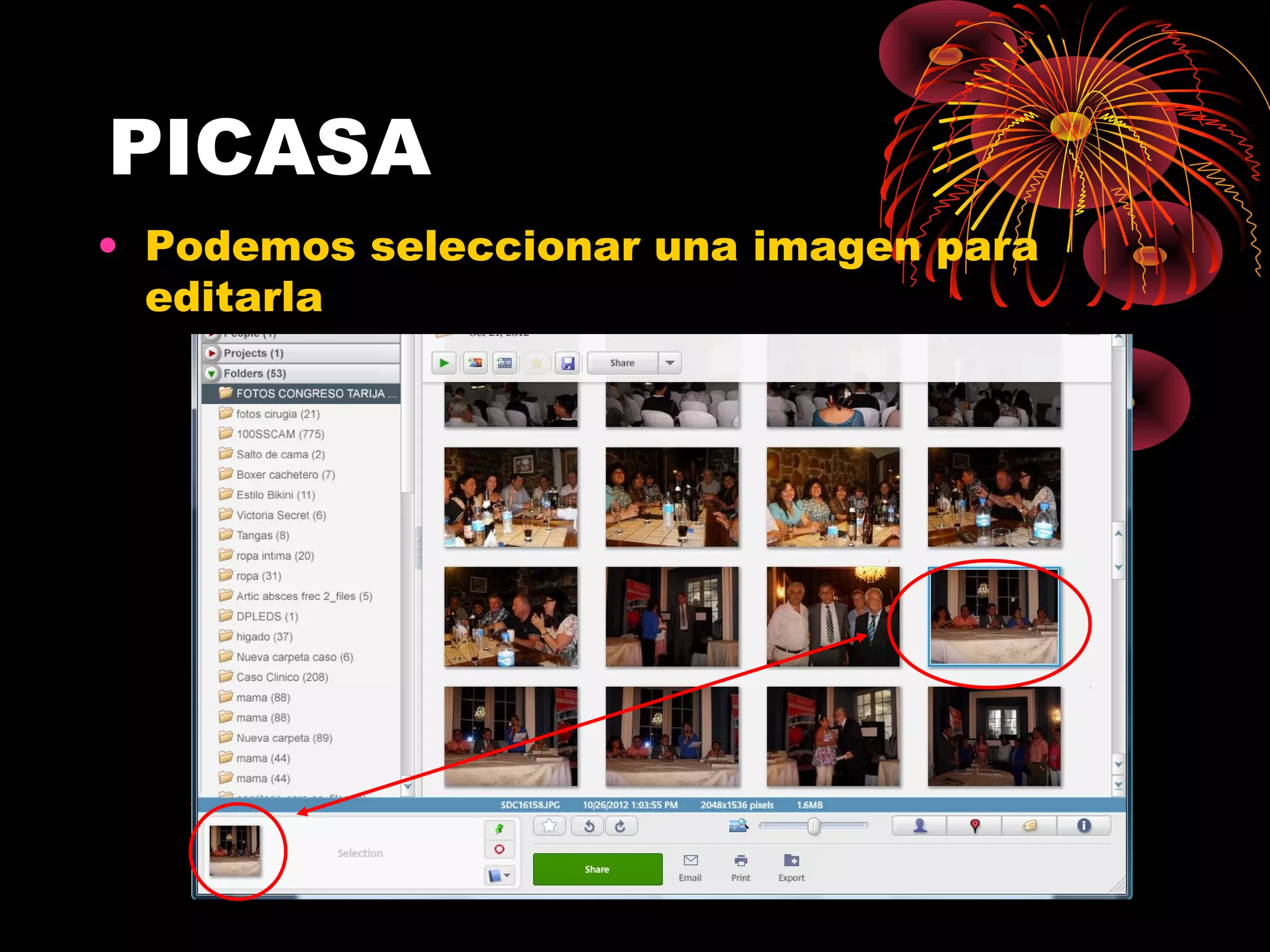 PICASA
• Podemos seleccionar una imagen para
  editarla
 