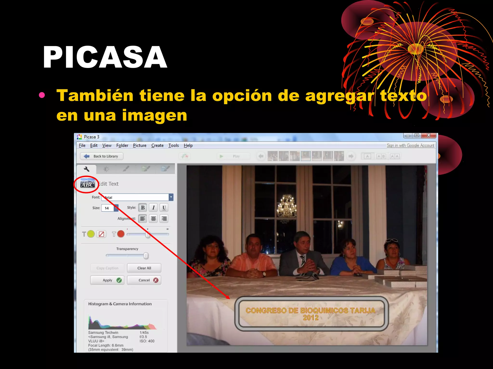 PICASA
• También tiene la opción de agregar texto
  en una imagen
 