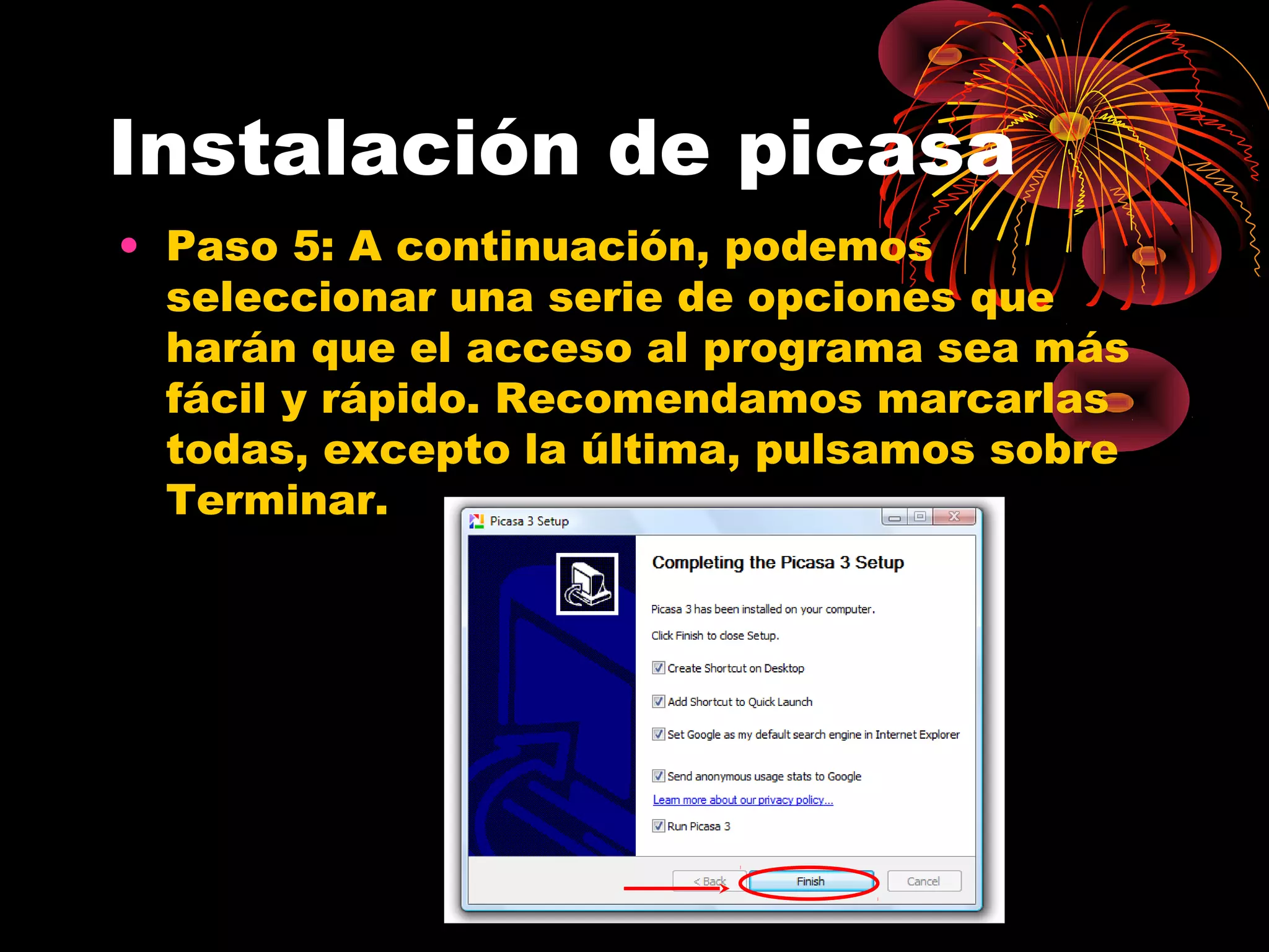 Instalación de picasa
• Paso 5: A continuación, podemos
  seleccionar una serie de opciones que
  harán que el acceso al programa sea más
  fácil y rápido. Recomendamos marcarlas
  todas, excepto la última, pulsamos sobre
  Terminar.
 