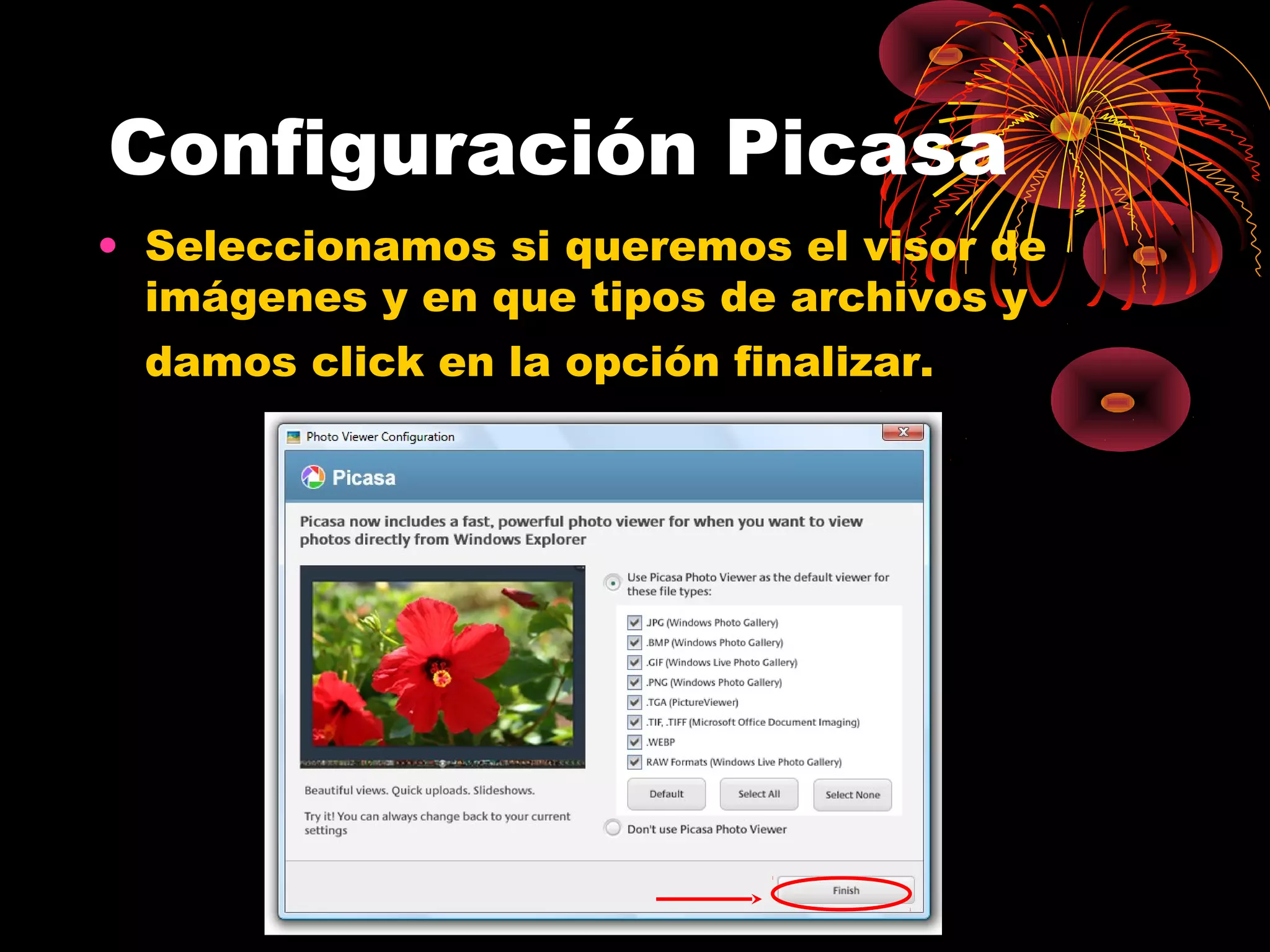 Configuración Picasa
• Seleccionamos si queremos el visor de
  imágenes y en que tipos de archivos y
 damos click en la opción finalizar.
 