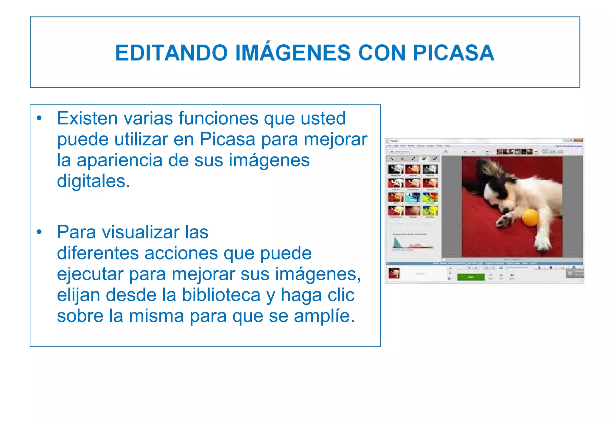 • Existen varias funciones que usted
puede utilizar en Picasa para mejorar
la apariencia de sus imágenes
digitales.
• Para visualizar las
diferentes acciones que puede
ejecutar para mejorar sus imágenes,
elijan desde la biblioteca y haga clic
sobre la misma para que se amplíe.
 