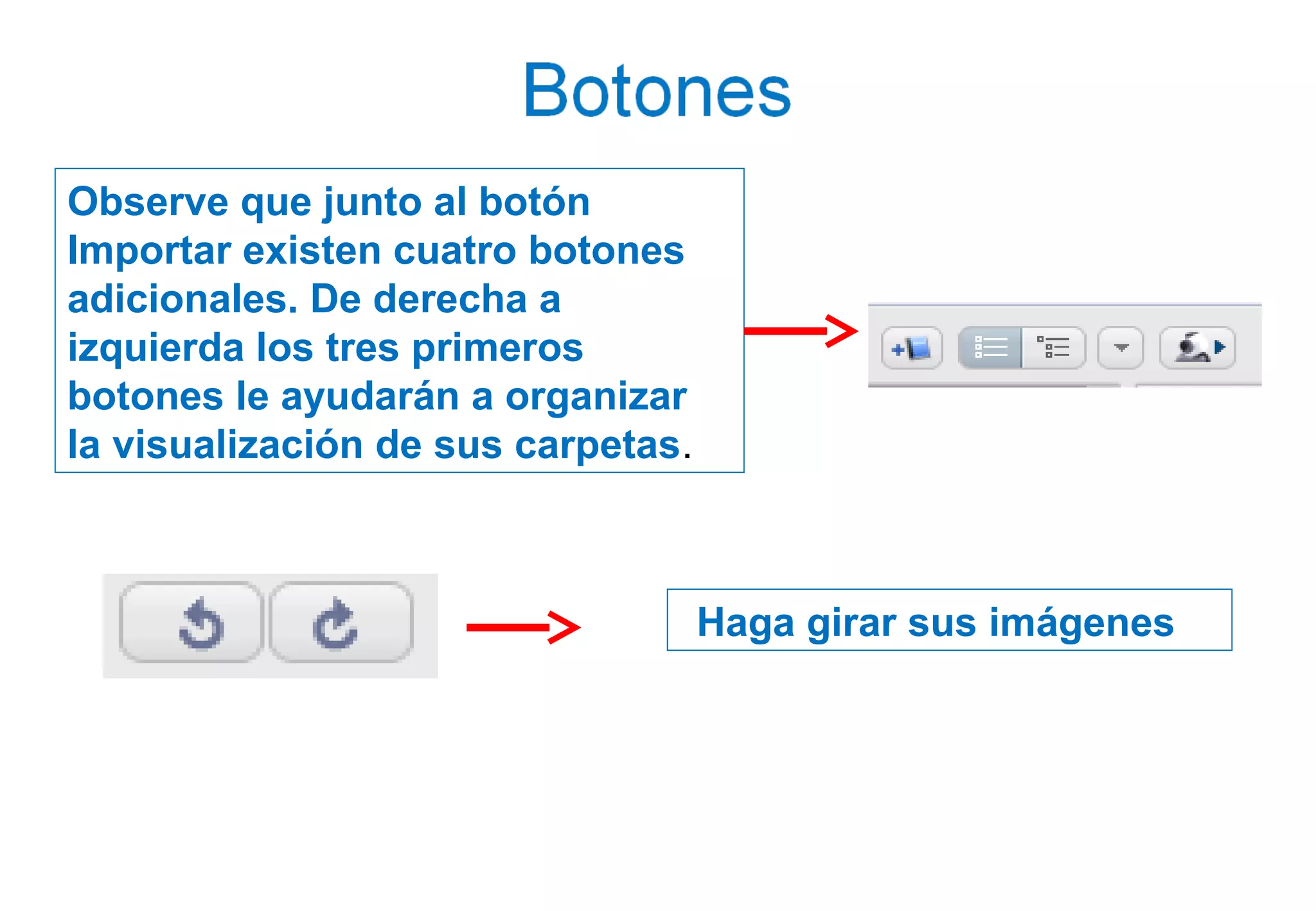 Observe que junto al botón
Importar existen cuatro botones
adicionales. De derecha a
izquierda los tres primeros
botones le ayudarán a organizar
la visualización de sus carpetas.
 Haga girar sus imágenes
 