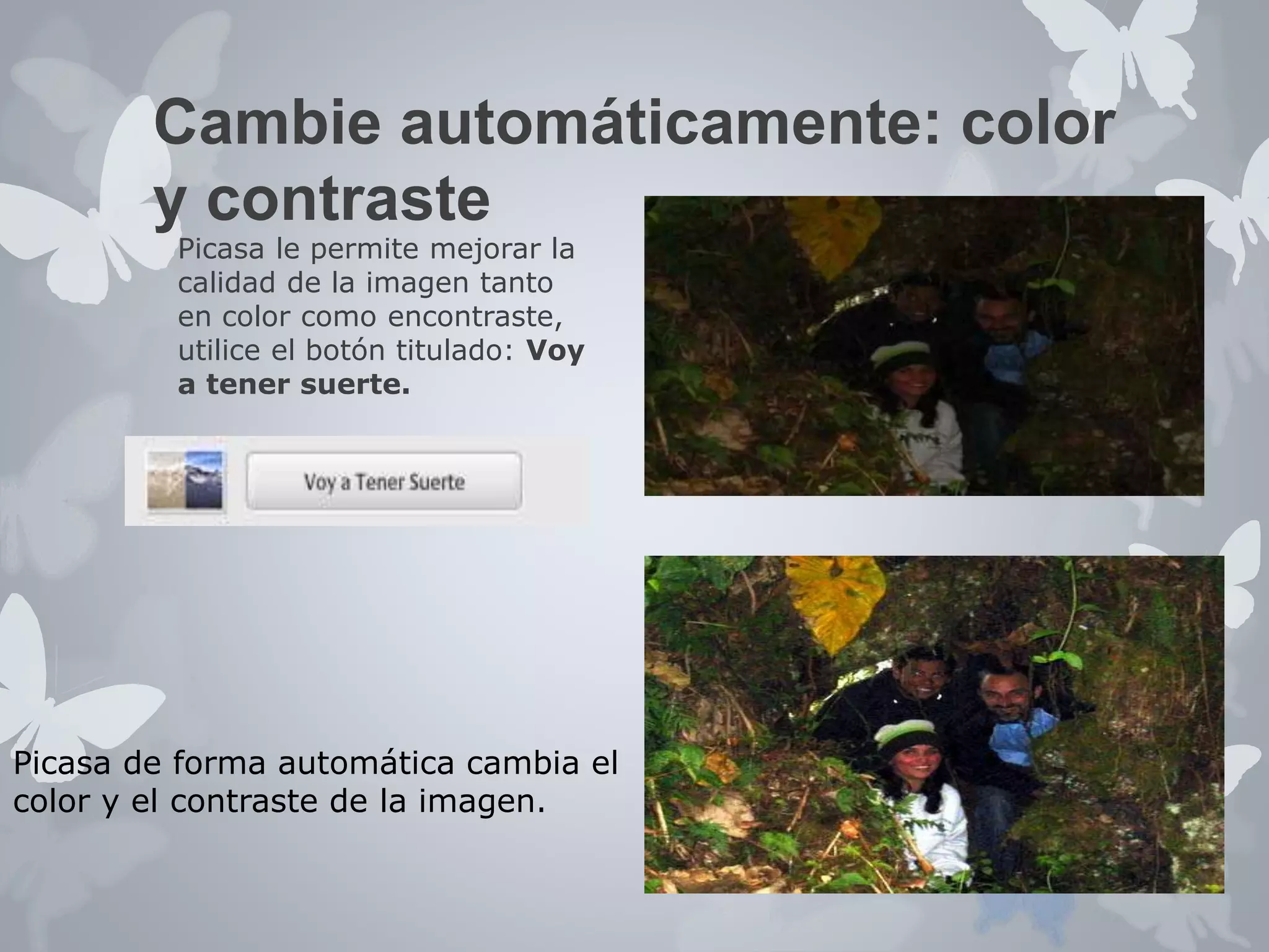 Cambie automáticamente: color 
y contraste 
Picasa le permite mejorar la 
calidad de la imagen tanto 
en color como encontraste, 
utilice el botón titulado: Voy 
a tener suerte. 
Picasa de forma automática cambia el 
color y el contraste de la imagen. 
 