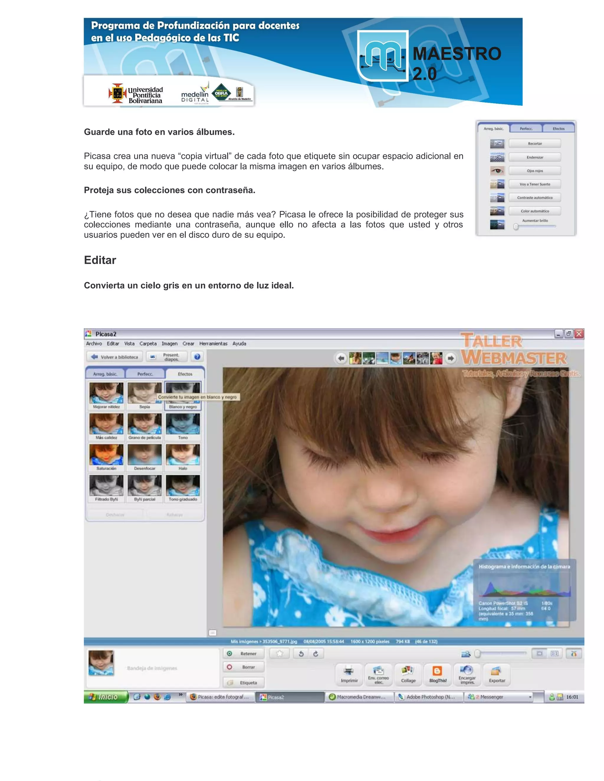 Guarde una foto en varios álbumes.

Picasa crea una nueva “copia virtual” de cada foto que etiquete sin ocupar espacio adicional en
su equipo, de modo que puede colocar la misma imagen en varios álbumes.

Proteja sus colecciones con contraseña.

¿Tiene fotos que no desea que nadie más vea? Picasa le ofrece la posibilidad de proteger sus
colecciones mediante una contraseña, aunque ello no afecta a las fotos que usted y otros
usuarios pueden ver en el disco duro de su equipo.

Editar

Convierta un cielo gris en un entorno de luz ideal.
 