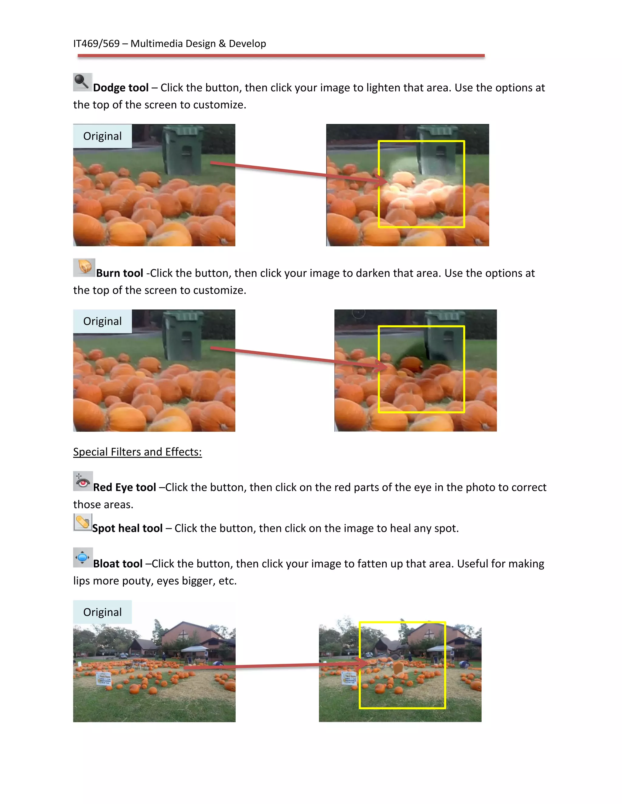IT469/569 – Multimedia Design & Develop
Dodge tool – Click the button, then click your image to lighten that area. Use the options at
the top of the screen to customize.
Burn tool -Click the button, then click your image to darken that area. Use the options at
the top of the screen to customize.
Special Filters and Effects:
Red Eye tool –Click the button, then click on the red parts of the eye in the photo to correct
those areas.
Spot heal tool – Click the button, then click on the image to heal any spot.
Bloat tool –Click the button, then click your image to fatten up that area. Useful for making
lips more pouty, eyes bigger, etc.
Original
Original
Original
 