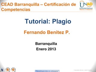CEAD Barranquilla – Certificación de
Competencias

           Tutorial: Plagio
          Fernando Benitez P.

                Barranquilla
                Enero 2013




                                  FI-GQ-GCMU-004-015 V. 000-27-08-2011
 