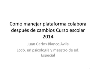 Como manejar plataforma colabora 
después de cambios Curso escolar 
2014 
Juan Carlos Blanco Ávila 
Lcdo. en psicología y maestro de ed. 
Especial 
1 
 