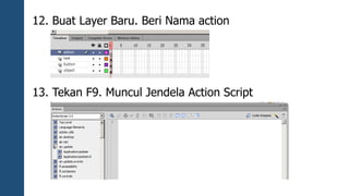 12. Buat Layer Baru. Beri Nama action 
13. Tekan F9. Muncul Jendela Action Script 
 