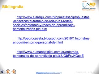 Bibliografía

         http://www.elarequi.com/propuestastic/propuestas
      -didacticas/el-trabajo-en-red-y-las-redes-
      sociales/entornos-y-redes-de-aprendizaje-
      personalizados-ple-pln/

        http://pedrocuesta.blogspot.com/2010/11/construy
      endo-mi-entorno-personal-de.html

        http://www.humanodigital.com.ar/entornos-
      personales-de-aprendizaje-ple/#.UQbFsvKGcoE



                                                                  FI-GQ-GCMU-004-015 V. 000-27-08-2011
                      “Educación para todos con calidad global”
 