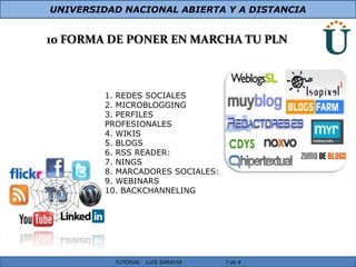 UNIVERSIDAD NACIONAL ABIERTA Y A DISTANCIA


10 FORMA DE PONER EN MARCHA TU PLN



         1. REDES SOCIALES
         2. MICROBLOGGING
         3. PERFILES
         PROFESIONALES
         4. WIKIS
         5. BLOGS
         6. RSS READER:
         7. NINGS
         8. MARCADORES SOCIALES:
         9. WEBINARS
         10. BACKCHANNELING




           TUTORIAL   LUIS SARAVIA   7 de 8
 
