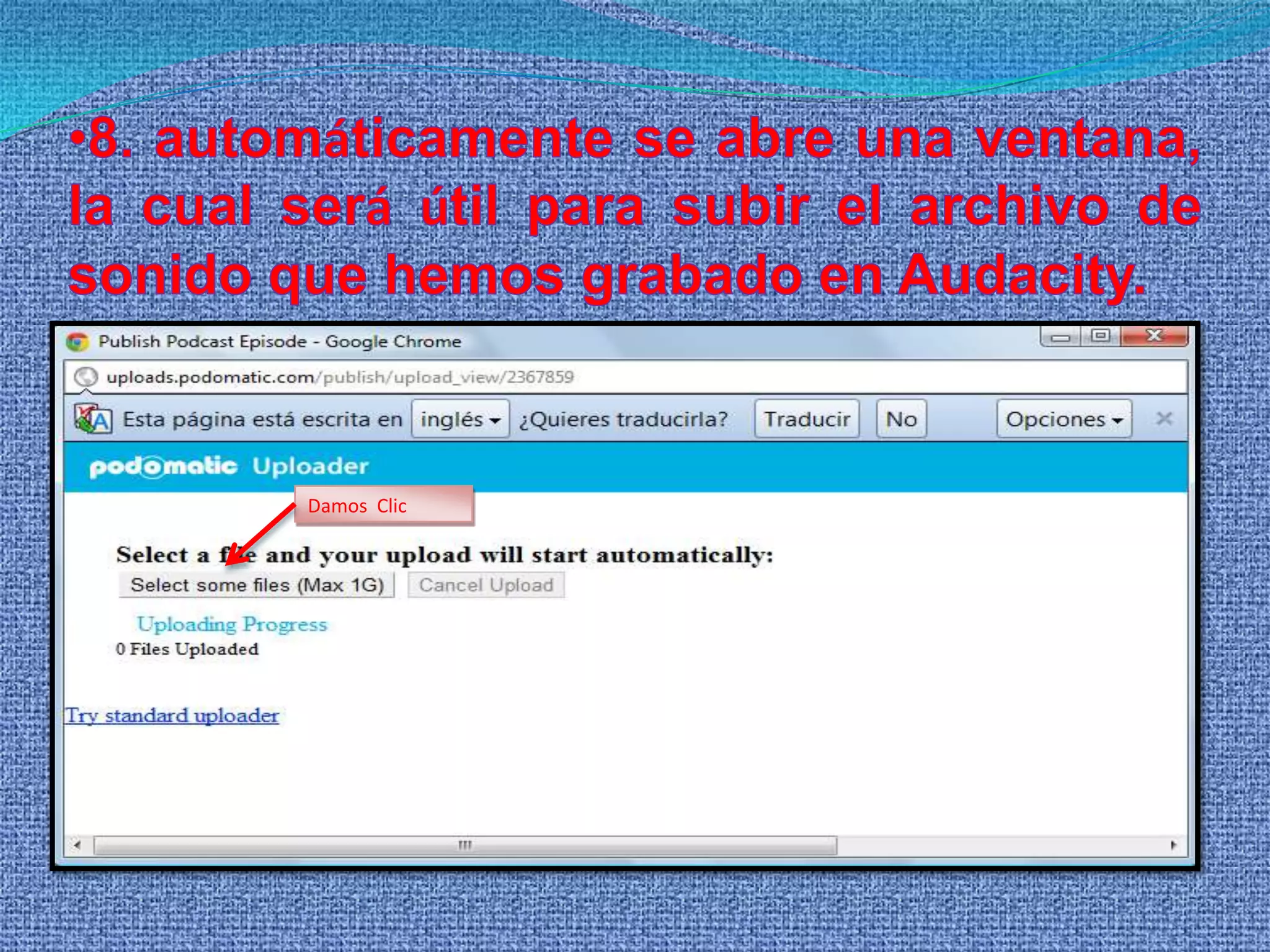 6. en este punto vamos a colocar el titulo y la descripción del archivo y damos clic como indica la imagen para subirlo.Continuar