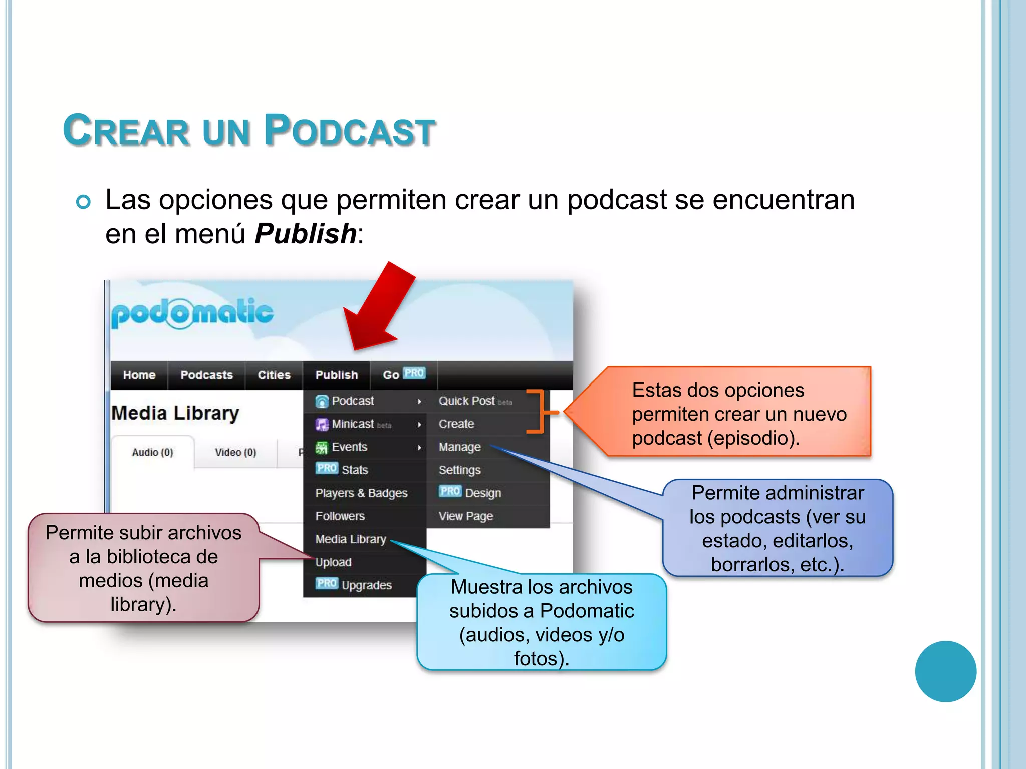CREAR UN PODCAST


Las opciones que permiten crear un podcast se encuentran
en el menú Publish:

Estas dos opciones
permiten crear un nuevo
podcast (episodio).

Permite subir archivos
a la biblioteca de
medios (media
library).

Permite administrar
los podcasts (ver su
estado, editarlos,
borrarlos, etc.).
Muestra los archivos
subidos a Podomatic
(audios, videos y/o
fotos).

 