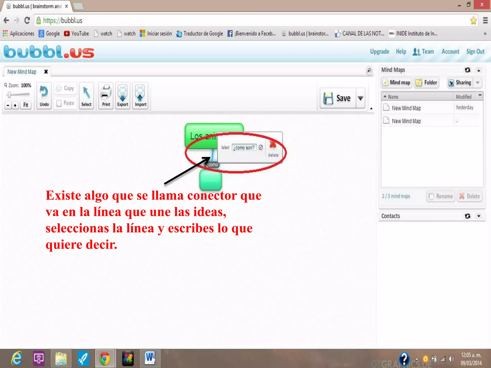 Existe algo que se llama conector que
va en la línea que une las ideas,
seleccionas la línea y escribes lo que
quiere decir.
 