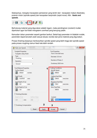Selanjutnya, mengatur kecepatan pemesinan yang terdiri dari : kecepatan makan (feedrate),
putaran motor (spindle speed) dan kecepatan berpindah (rapid move). Klik : feeds and
speeds.




Berhubung material yang digunakan adalah logam, maka pendinginan (coolant) mutlak
diperlukan agar tool tidak mengalami overheat yang berujung patah.

Kemudian isikan parameter seperti gambar berikut. Sekali lagi parameter ini tidaklah mutlak,
parameter dapat berubah-ubah sesuai situasi, kondisi dan jenis material yang digunakan.

Proses finishing biasanya membutuhkan spindle speed yang lebih tinggi dari spindle speed
pada proses roughing namun feed rate lebih rendah.




                                                                                          25
 