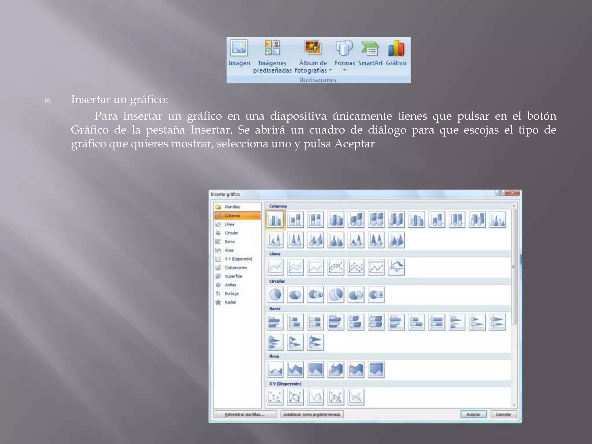Insertar un gráfico: 	Para insertar un gráfico en una diapositiva únicamente tienes que pulsar en el botón Gráfico de la pestaña Insertar. Se abrirá un cuadro de diálogo para que escojas el tipo de gráfico que quieres mostrar, selecciona uno y pulsa Aceptar 
