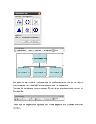 Los textos de las formas se pueden cambiar de una forma muy sencilla (en los mismos
cuadros explica cómo realizarlo), simplemente se hace clic y se cambia.
Vamos a dar ejemplos de los organigramas. El resto de los organizadores se manejan en
forma similar.
Junto con el organizador aparece una barra especial que permite realizarle
cambios.
 