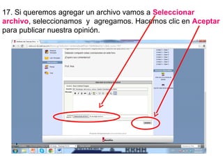 17. Si queremos agregar un archivo vamos a Seleccionar
archivo, seleccionamos y agregamos. Hacemos clic en Aceptar
para publicar nuestra opinión.

 