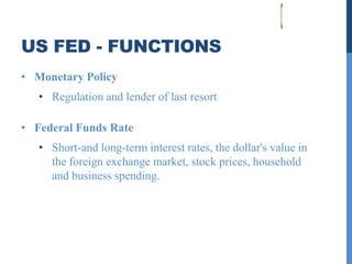 US FED - FUNCTIONS
• Monetary Policy
   • Regulation and lender of last resort

• Federal Funds Rate
   • Short-and long-term interest rates, the dollar's value in
     the foreign exchange market, stock prices, household
     and business spending.
 
