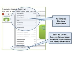Opciones de
Diseño de
diapositivas
Notas del Orador…
Por aquí dialogamos con
los colegas que participan
del trabajo colaborativo