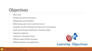Ahmed Elwali
BME 7022 & ECE 4610
Objectives
· Ohm’s law.
· Parallel and series connections.
· Voltage and current dividers.
· Referencing, open circuit, and short circuit.
· Using KCL and KVL techniques for electrical circuit analysis.
· Diode and half wave rectification, and Zener diode.
· Frequency spectrum.
· Capacitor in electrical circuits.
· Different types of filters (4 types).
· OPAMP operation and applications.
 