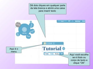 Dê dois cliques em qualquer parte da tela branca e abrirá uma caixa para inserir texto  Aqui é o menu Aqui você escolhe se é título ou corpo de texto e clique “OK” 