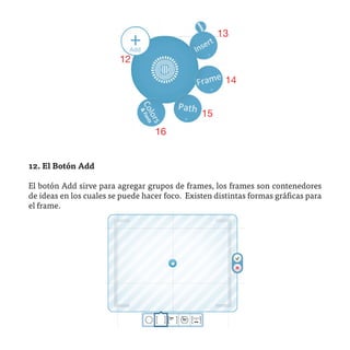 13

                         12

                                                       14


                                                15
                                   16


12. El Botón Add

El botón Add sirve para agregar grupos de frames, los frames son contenedores
de ideas en los cuales se puede hacer foco. Existen distintas formas gráficas para
el frame.
 