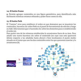 14. El botón Frame
a. Permite agrupar contenidos en una figura geométrica, para identificarla más
fácilmente mientras estamos editando y poder hacer zoom en ella.

15. El botón Path
El “Camino” sirve para establecer el orden en que deseamos que se muestren los
contenidos, hacemos clic sobre Path en el panel de herramientas de edición y luego
en Add. Sólo tenemos que ir haciendo clic sobre los elementos para ir estableciendo
el orden (a).
Para quitar uno de los números establecidos lo arrastramos fuera de su área. Para
añadir uno nuevo hacemos clic sobre el contenido (en cuyo caso esta aparecerá
último respecto a las añadidas hasta ahora) o bien localizamos el punto medio
situado en el tramo que une los dos contenidos entre los que queremos insertar y lo
arrastramos (b).


                                         a



              b
 