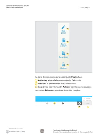 Colección de aplicaciones gratuitas
para contextos educativos	                                                                           Prezi | pág. 27




                                                                                1




                                                                                2




                                                                                3




                                                                                4




                                      La barra de reproducción de la presentación Prezi incluye:
                                      1. Adelanta y retrocede la presentación (el Path o ruta)
                                      2. Posiciona la presentación en su estado inicial.
                                      3. More: brinda más información. Autoplay permite una reproducción
                                      automática. Fullscreen permite ver la pantalla completa.




                                                             1

                                                                                                 2             3




                                                           Plan Integral de Educación Digital
                                            Índice
                                                           Dirección Operativa de Incorporación de Tecnologías (InTec)
 