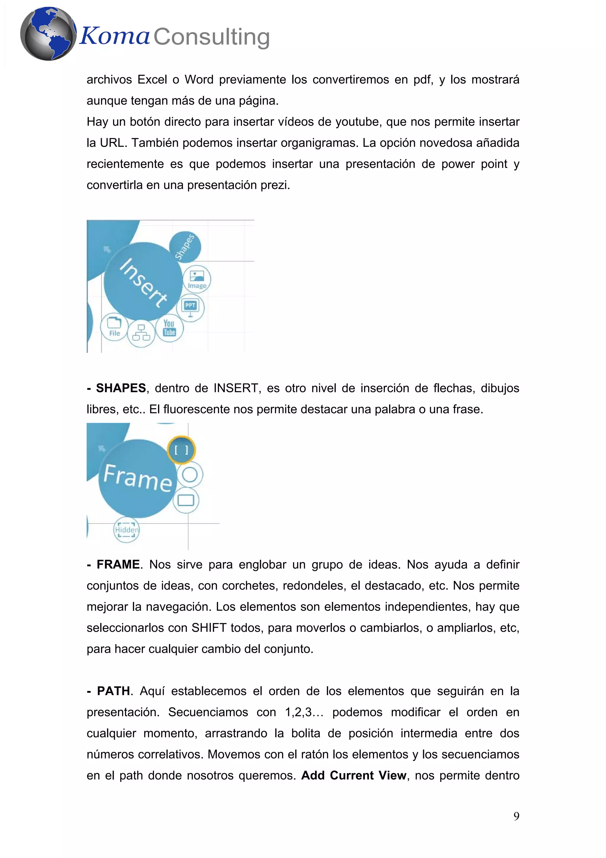 9
archivos Excel o Word previamente los convertiremos en pdf, y los mostrará
aunque tengan más de una página.
Hay un botón directo para insertar vídeos de youtube, que nos permite insertar
la URL. También podemos insertar organigramas. La opción novedosa añadida
recientemente es que podemos insertar una presentación de power point y
convertirla en una presentación prezi.
- SHAPES, dentro de INSERT, es otro nivel de inserción de flechas, dibujos
libres, etc.. El fluorescente nos permite destacar una palabra o una frase.
- FRAME. Nos sirve para englobar un grupo de ideas. Nos ayuda a definir
conjuntos de ideas, con corchetes, redondeles, el destacado, etc. Nos permite
mejorar la navegación. Los elementos son elementos independientes, hay que
seleccionarlos con SHIFT todos, para moverlos o cambiarlos, o ampliarlos, etc,
para hacer cualquier cambio del conjunto.
- PATH. Aquí establecemos el orden de los elementos que seguirán en la
presentación. Secuenciamos con 1,2,3… podemos modificar el orden en
cualquier momento, arrastrando la bolita de posición intermedia entre dos
números correlativos. Movemos con el ratón los elementos y los secuenciamos
en el path donde nosotros queremos. Add Current View, nos permite dentro
 