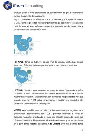 9
archivos Excel o Word previamente los convertiremos en pdf, y los mostrará
aunque tengan más de una página.
Hay un botón directo para insertar vídeos de youtube, que nos permite insertar
la URL. También podemos insertar organigramas. La opción novedosa añadida
recientemente es que podemos insertar una presentación de power point y
convertirla en una presentación prezi.
- SHAPES, dentro de INSERT, es otro nivel de inserción de flechas, dibujos
libres, etc.. El fluorescente nos permite destacar una palabra o una frase.
- FRAME. Nos sirve para englobar un grupo de ideas. Nos ayuda a definir
conjuntos de ideas, con corchetes, redondeles, el destacado, etc. Nos permite
mejorar la navegación. Los elementos son elementos independientes, hay que
seleccionarlos con SHIFT todos, para moverlos o cambiarlos, o ampliarlos, etc,
para hacer cualquier cambio del conjunto.
- PATH. Aquí establecemos el orden de los elementos que seguirán en la
presentación. Secuenciamos con 1,2,3… podemos modificar el orden en
cualquier momento, arrastrando la bolita de posición intermedia entre dos
números correlativos. Movemos con el ratón los elementos y los secuenciamos
en el path donde nosotros queremos. Add Current View, nos permite dentro
 
