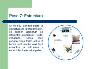 Paso 7: Estructura 
Si no hay claridad sobre la 
estructura de la presentación, 
se pueden adicionar los 
diferentes elementos (texto, 
imágenes, videos, etc.) 
cuando estén todos sobre el 
lienzo será mucho más fácil 
encontrar la estructura y 
escribir las ideas principales. 
 