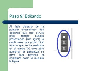 Paso 9: Editando 
Al lado derecho de la 
pantalla encontramos tres 
opciones que nos servirá 
para trabajar nuestra 
presentación (ver figura) la 
casita sirve para poder mirar 
todo lo que se ha realizado 
en el campo (+) sirve para 
aumentar el pantallazo (-) 
sirve para disminuir el 
pantallazo como lo muestra 
la figura. 
 