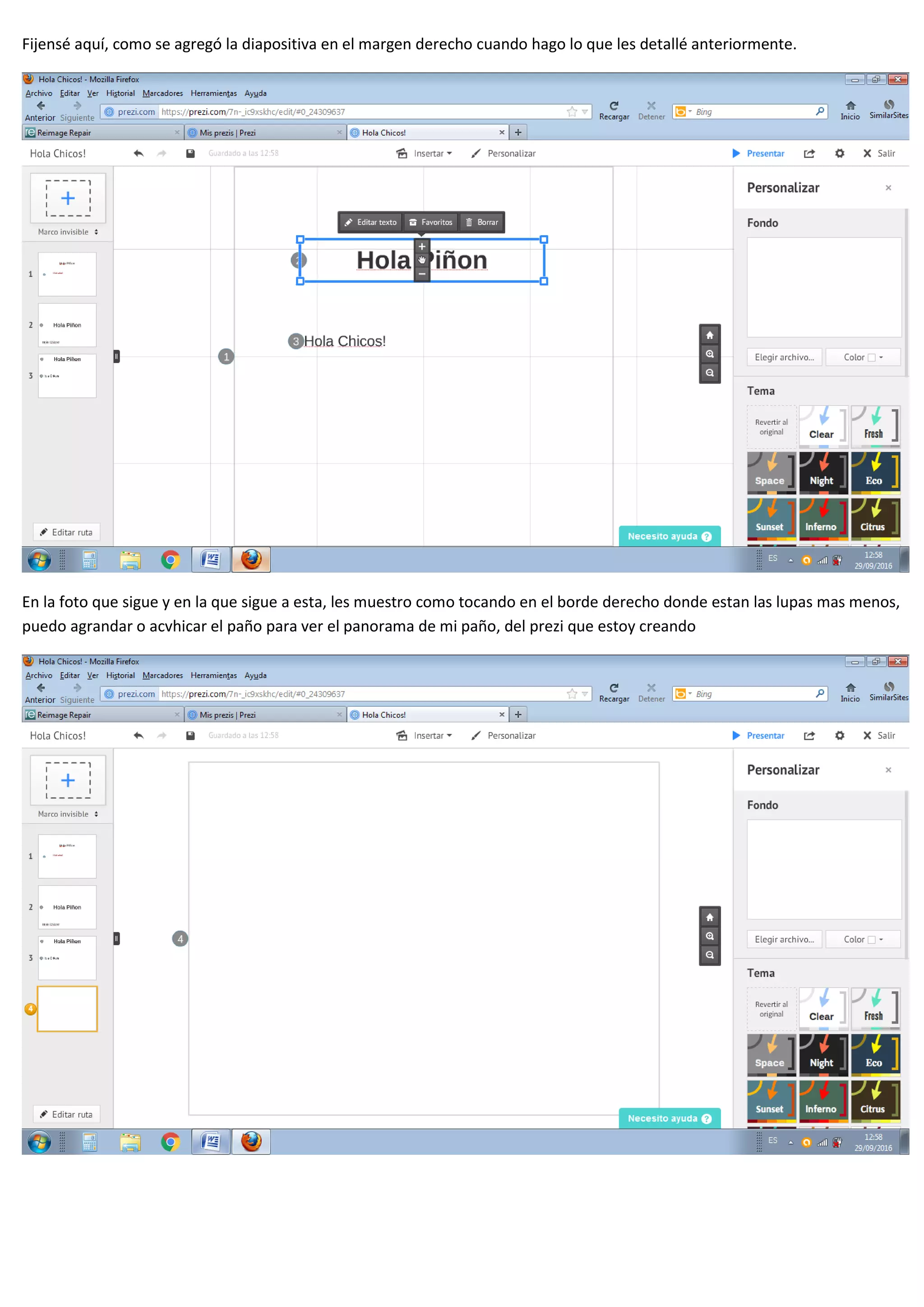 Fijensé aquí, como se agregó la diapositiva en el margen derecho cuando hago lo que les detallé anteriormente.
En la foto que sigue y en la que sigue a esta, les muestro como tocando en el borde derecho donde estan las lupas mas menos,
puedo agrandar o acvhicar el paño para ver el panorama de mi paño, del prezi que estoy creando
 