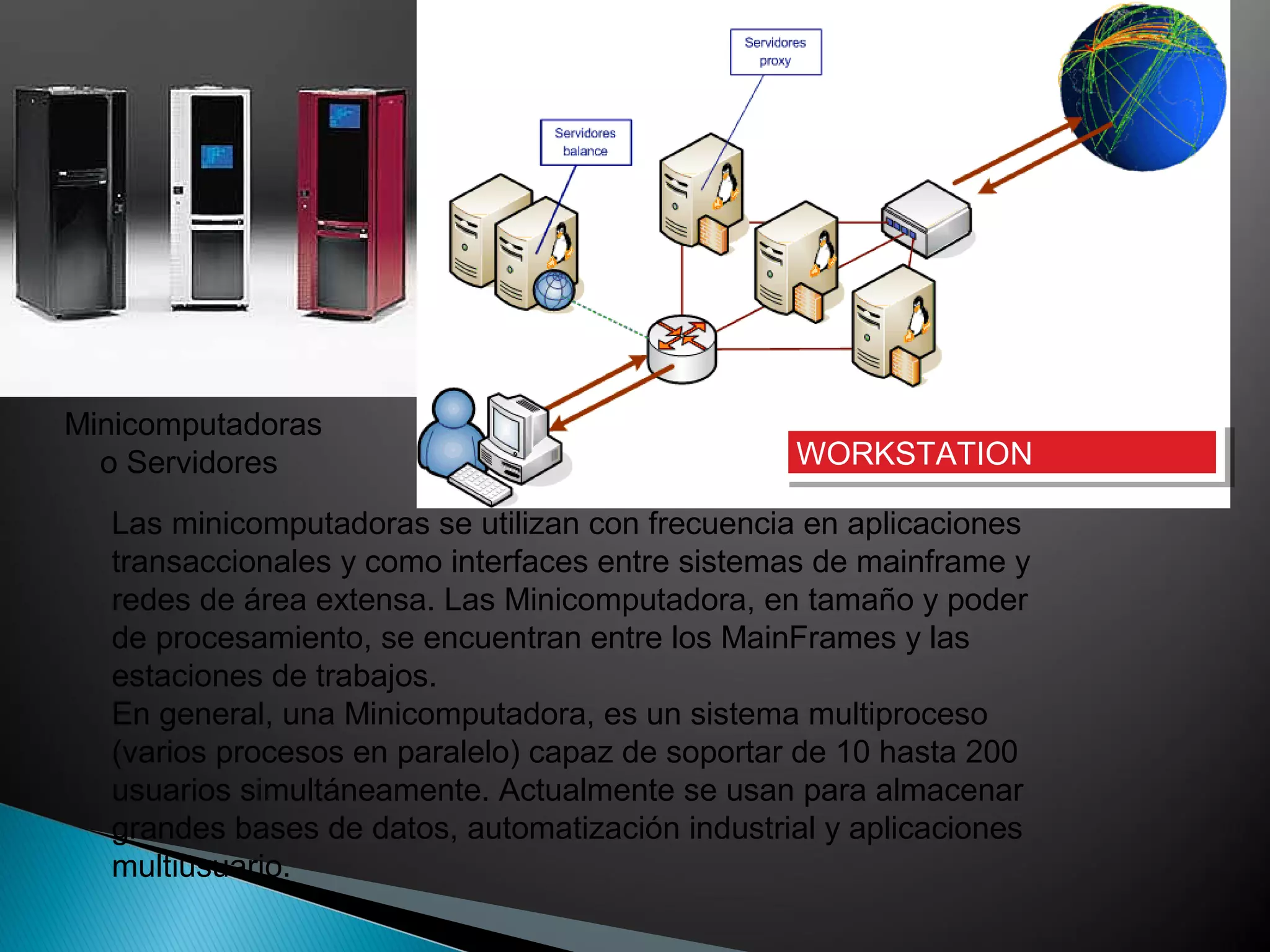 Minicomputadoras
o Servidores
Las minicomputadoras se utilizan con frecuencia en aplicaciones
transaccionales y como interfaces entre sistemas de mainframe y
redes de área extensa. Las Minicomputadora, en tamaño y poder
de procesamiento, se encuentran entre los MainFrames y las
estaciones de trabajos.
En general, una Minicomputadora, es un sistema multiproceso
(varios procesos en paralelo) capaz de soportar de 10 hasta 200
usuarios simultáneamente. Actualmente se usan para almacenar
grandes bases de datos, automatización industrial y aplicaciones
multiusuario.
WORKSTATIONWORKSTATION
 