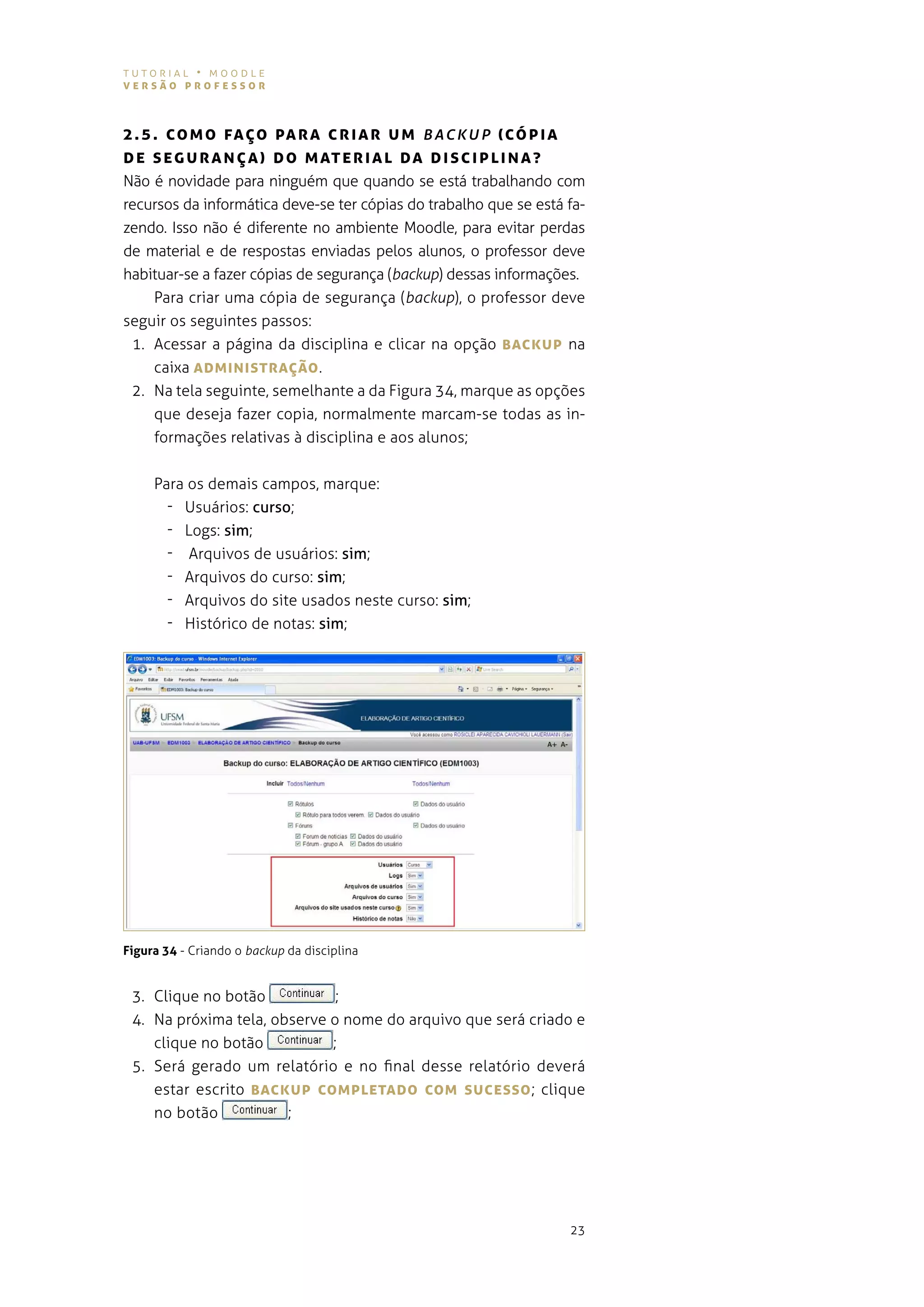tutorial • moodle
versão professor



2 . 5 . co Mo fAÇo pA r A cr IA r UM backup (cópIA
D e s e g Ur A N ÇA ) Do M ATe r IA L DA DIscIpLINA?
não é novidade para ninguém que quando se está trabalhando com
recursos da informática deve-se ter cópias do trabalho que se está fa-
zendo. isso não é diferente no ambiente moodle, para evitar perdas
de material e de respostas enviadas pelos alunos, o professor deve
habituar-se a fazer cópias de segurança (backup) dessas informações.
    para criar uma cópia de segurança (backup), o professor deve
seguir os seguintes passos:
 1. acessar a página da disciplina e clicar na opção BAcKUp na
    caixa ADMINIsTrAÇão .
 2. na tela seguinte, semelhante a da figura 34, marque as opções
    que deseja fazer copia, normalmente marcam-se todas as in-
    formações relativas à disciplina e aos alunos;


     para os demais campos, marque:
       - usuários: curso;
       - logs: sim;
       - arquivos de usuários: sim;
       - arquivos do curso: sim;
       - arquivos do site usados neste curso: sim;
       - Histórico de notas: sim;




Figura 34 - Criando o backup da disciplina


 3. Clique no botão           ;
 4. na próxima tela, observe o nome do arquivo que será criado e
    clique no botão          ;
 5. será gerado um relatório e no final desse relatório deverá
    estar escrito BAcKUp coMpLeTADo coM sUcesso ; clique
    no botão           ;




                                                                   23
 