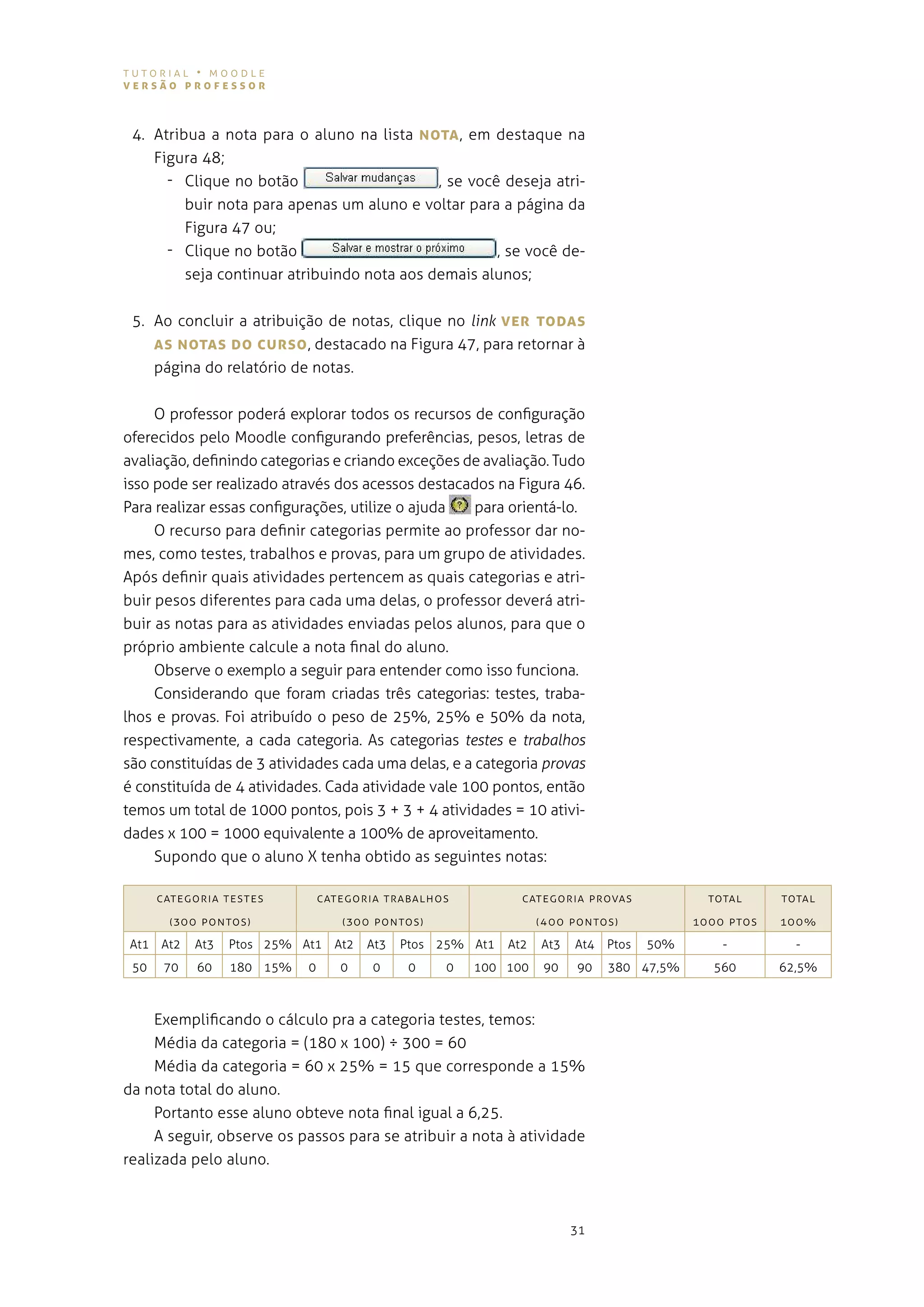 tutorial • moodle
versão professor



 4. atribua a nota para o aluno na lista NoTA , em destaque na
    figura 48;
      - Clique no botão                      , se você deseja atri-
         buir nota para apenas um aluno e voltar para a página da
         figura 47 ou;
      - Clique no botão                               , se você de-
         seja continuar atribuindo nota aos demais alunos;


 5. ao concluir a atribuição de notas, clique no link ver ToDAs
    As NoTAs Do cUrso , destacado na figura 47, para retornar à
    página do relatório de notas.


     o professor poderá explorar todos os recursos de configuração
oferecidos pelo moodle configurando preferências, pesos, letras de
avaliação, definindo categorias e criando exceções de avaliação. tudo
isso pode ser realizado através dos acessos destacados na figura 46.
para realizar essas configurações, utilize o ajuda   para orientá-lo.
     o recurso para definir categorias permite ao professor dar no-
mes, como testes, trabalhos e provas, para um grupo de atividades.
após definir quais atividades pertencem as quais categorias e atri-
buir pesos diferentes para cada uma delas, o professor deverá atri-
buir as notas para as atividades enviadas pelos alunos, para que o
próprio ambiente calcule a nota final do aluno.
     observe o exemplo a seguir para entender como isso funciona.
     considerando que foram criadas três categorias: testes, traba-
lhos e provas. foi atribuído o peso de 25%, 25% e 50% da nota,
respectivamente, a cada categoria. as categorias testes e trabalhos
são constituídas de 3 atividades cada uma delas, e a categoria provas
é constituída de 4 atividades. cada atividade vale 100 pontos, então
temos um total de 1000 pontos, pois 3 + 3 + 4 atividades = 10 ativi-
dades x 100 = 1000 equivalente a 100% de aproveitamento.
    supondo que o aluno X tenha obtido as seguintes notas:

      Categoria testes          Categoria trabalhos            Categoria provas               total     total
       (300 pontos)                (300 pontos)                    (400 pontos)             1000 ptos   100%
at1 at2     at3   Ptos 25% at1    at2   at3   Ptos 25% at1   at2   at3   at4   Ptos   50%       -         -
 50    70   60    180 15%   0      0    0      0   0   100 100      90   90    380 47,5%      560       62,5%



     exemplificando o cálculo pra a categoria testes, temos:
     média da categoria = (180 x 100) ÷ 300 = 60
     média da categoria = 60 x 25% = 15 que corresponde a 15%
da nota total do aluno.
     portanto esse aluno obteve nota final igual a 6,25.
     a seguir, observe os passos para se atribuir a nota à atividade
realizada pelo aluno.



                                                                         31
 